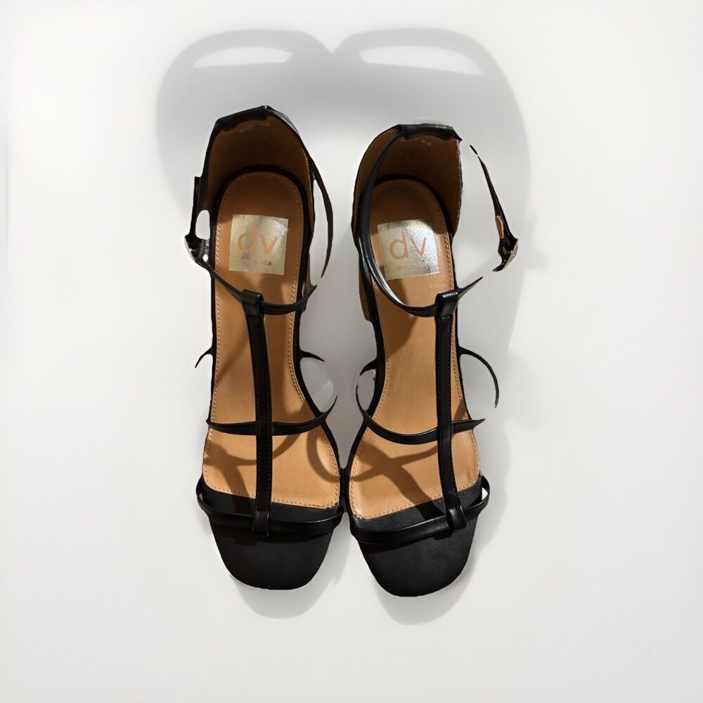 NEW Dolce Vita Kaya Sandals Black Faux Leather T-Strap Caged Block Heels Sz 6.5